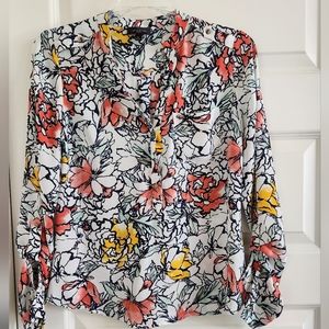 White w/Navy,Yellow & Rose flowers/leaves. Pullover w/Gold buttons detail. XS